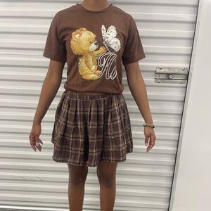 Girls two piece set shirt and skirt Brown Plaid Pleated Mini Skirt